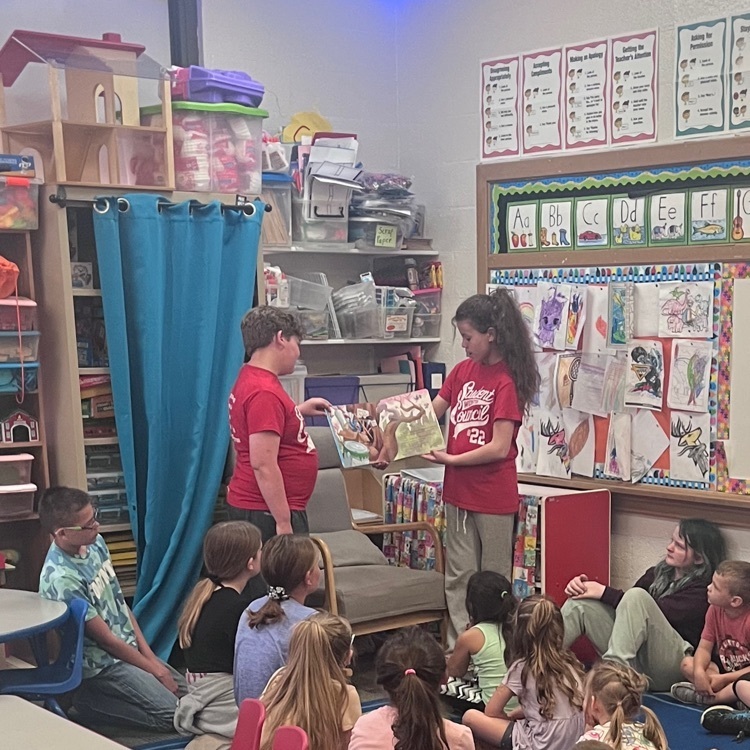 Webster student council members read books to the preschool and junior kindergarten classrooms. These are the 5th grade student council members. 