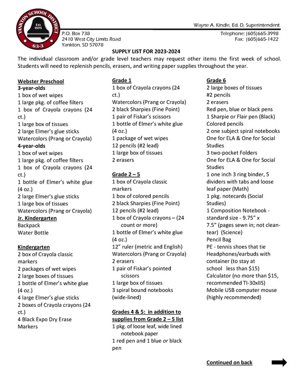 20232024 School Supply List Yankton School District 633